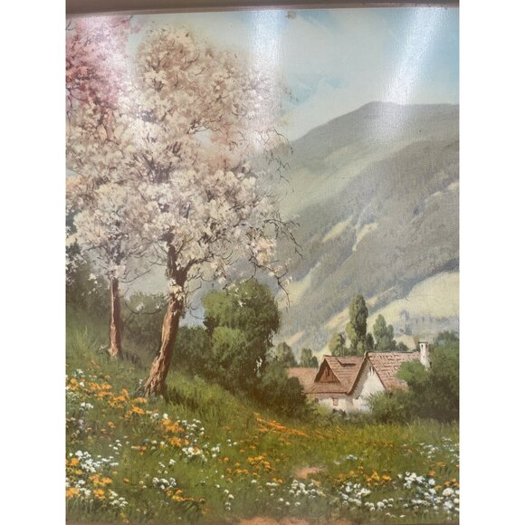 Vintage Metal Serving Tray Scenic Landscape Design Green Background & Rustic Fin - Picture 2 of 6